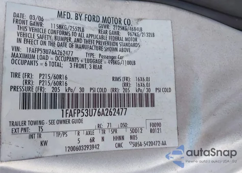 2006 Ford Taurus Se z USA, uszkodzony, nr VIN 1FAFP53U76A262477